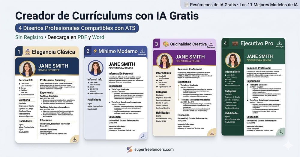 Creador de CV con IA mostrando cuatro plantillas de CV profesionales: Elegancia Clásica, Minimal Moderno, Creatividad Audaz y Ejecutivo Pro